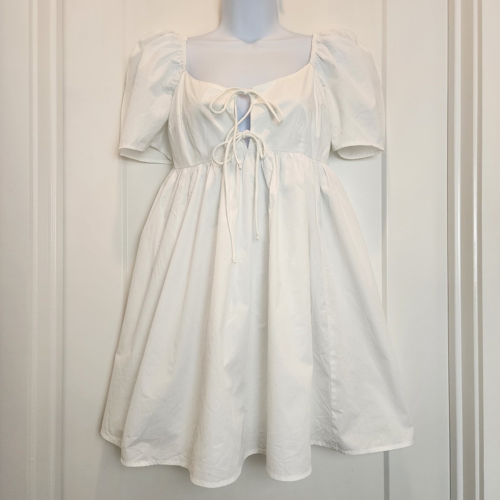 Abercrombie & Fitch White Puff Sleeve Tie Babydoll Dress S Cottagecore Fairy - Picture 2 of 10